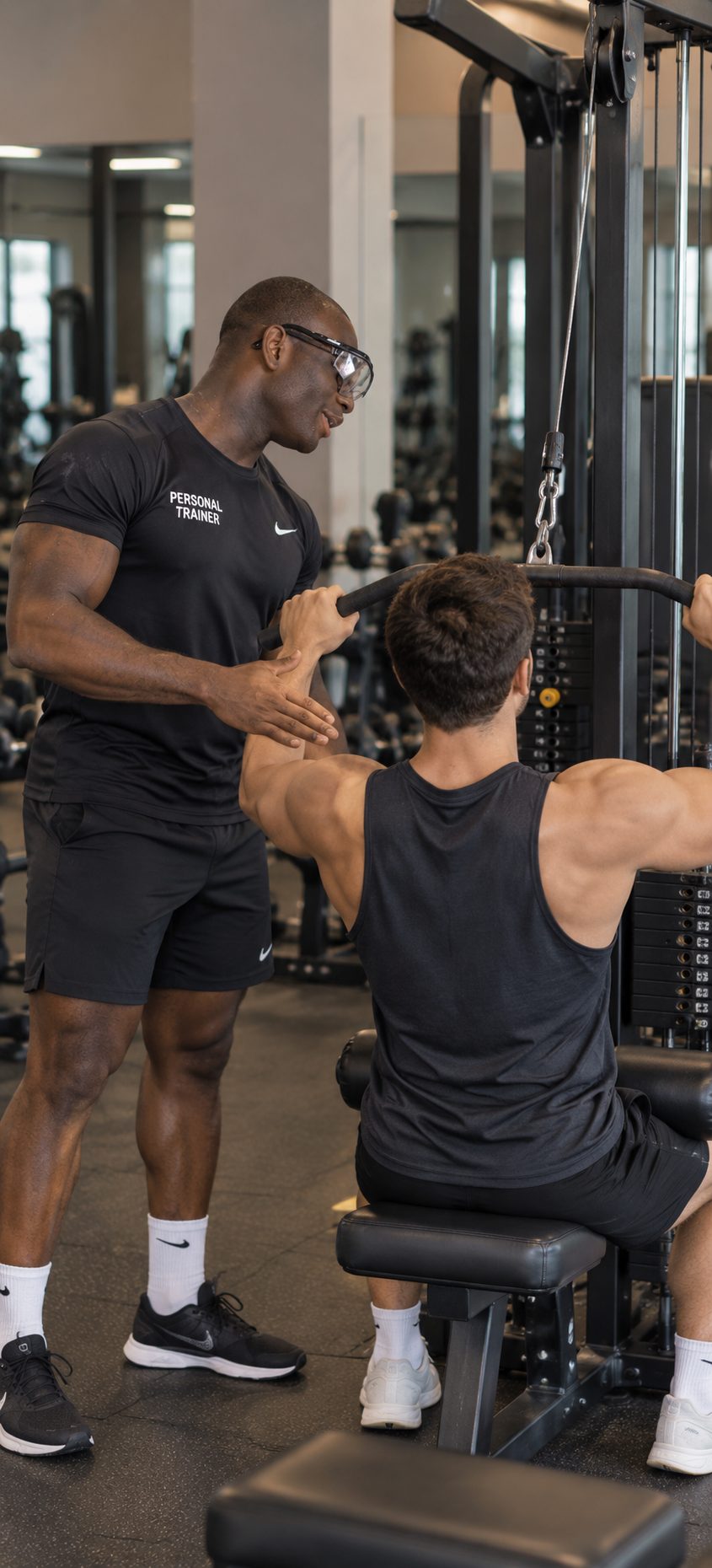 Daniel Asante corregge la tecnica di un atleta alla lat machine